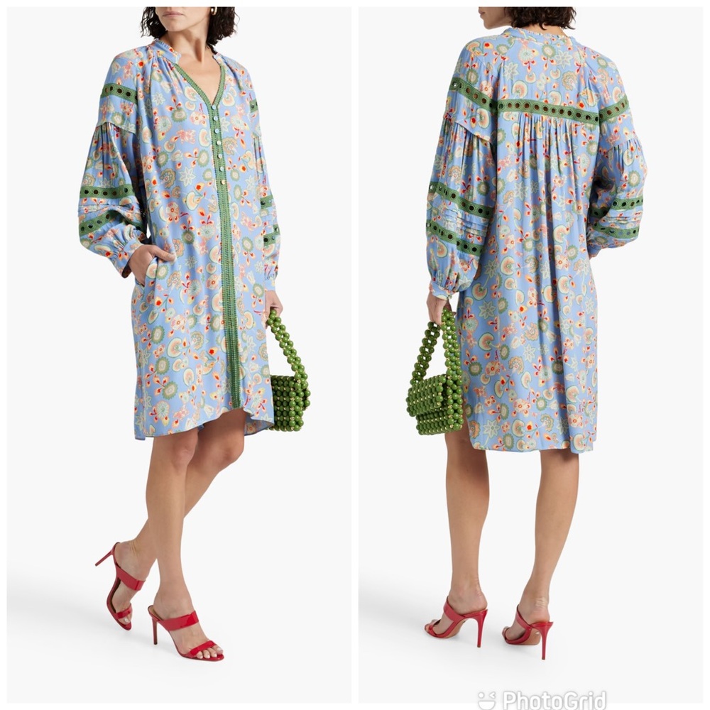 DIANE VON FURSTENBERG Crochet-trimmed printed crepe dress
